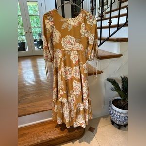Joyfolie Mustard Yellow Floral Mid Sleeve Long Dress Size: Youth 8